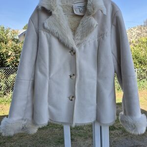 Coldwater Creek Cream Faux-Suede Jacket with Faux-Fur Trim